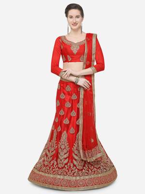 Red embroidered net semi stitched lehenga 1