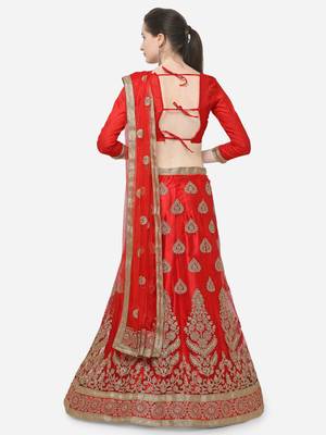 Red embroidered net semi stitched lehenga 2