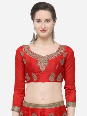 Red embroidered net semi stitched lehenga 3