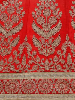 Red embroidered net semi stitched lehenga 4