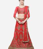 Peach embroidered net semi stitched lehenga