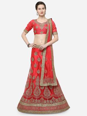 Peach embroidered net semi stitched lehenga 1
