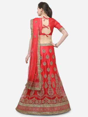 Peach embroidered net semi stitched lehenga 2