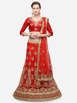 Red embroidered net semi stitched lehenga 1
