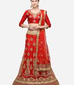 Red embroidered net semi stitched lehenga