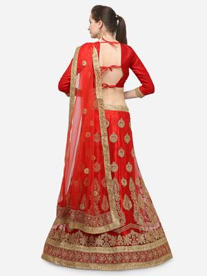 Red embroidered net semi stitched lehenga 2