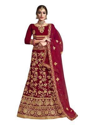 Red embroidered velvet semi stitched lehenga 1