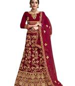 Red embroidered velvet semi stitched lehenga