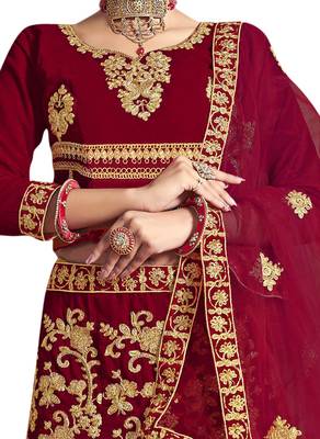 Red embroidered velvet semi stitched lehenga 2