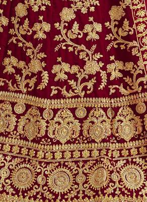 Red embroidered velvet semi stitched lehenga 3