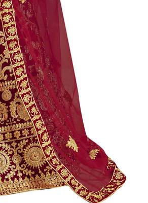Red embroidered velvet semi stitched lehenga 4