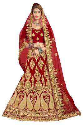 Red embroidered velvet semi stitched lehenga 1