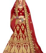 Red embroidered velvet semi stitched lehenga