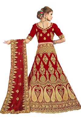 Red embroidered velvet semi stitched lehenga 2