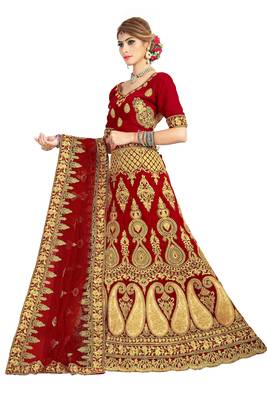 Red embroidered velvet semi stitched lehenga 3
