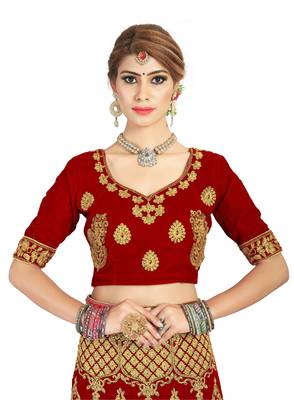 Red embroidered velvet semi stitched lehenga 4