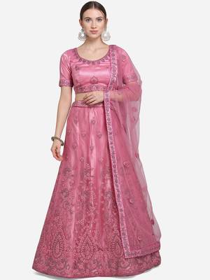 Light-pink embroidered net semi stitched lehenga 1