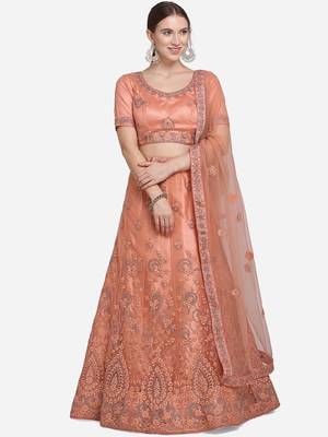 Peach embroidered net semi stitched lehenga 1