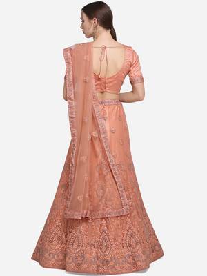 Peach embroidered net semi stitched lehenga 2