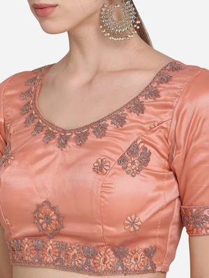 Peach embroidered net semi stitched lehenga 3