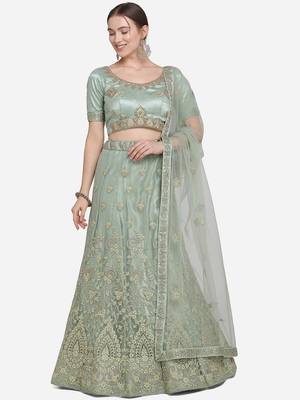 Olive embroidered net semi stitched lehenga 1