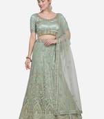 Olive embroidered net semi stitched lehenga