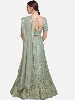 Olive embroidered net semi stitched lehenga 2
