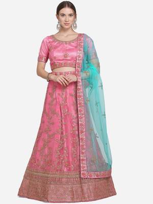 Light-pink embroidered net semi stitched lehenga 1