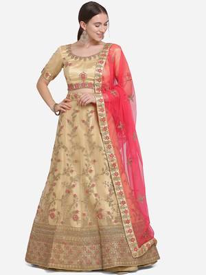 Beige embroidered net semi stitched lehenga 1