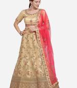 Beige embroidered net semi stitched lehenga