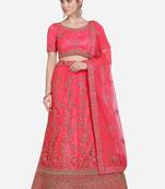 Coral embroidered net semi stitched lehenga