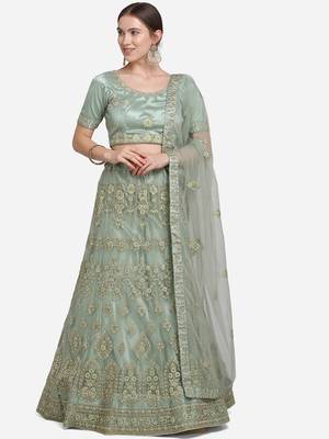 Olive embroidered net semi stitched lehenga 1