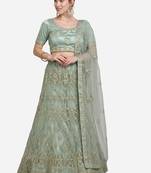 Olive embroidered net semi stitched lehenga