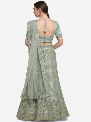 Olive embroidered net semi stitched lehenga 2