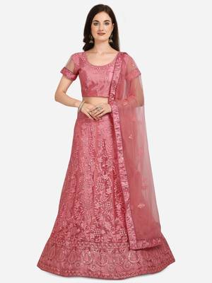 Pink embroidered net semi stitched lehenga 1