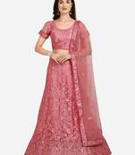 Pink embroidered net semi stitched lehenga
