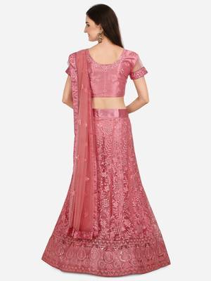 Pink embroidered net semi stitched lehenga 2