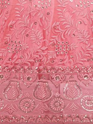 Pink embroidered net semi stitched lehenga 4