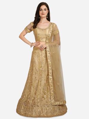 Beige embroidered net semi stitched lehenga 1