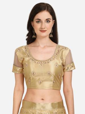 Beige embroidered net semi stitched lehenga 3