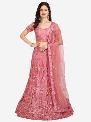 Pink embroidered net semi stitched lehenga 1