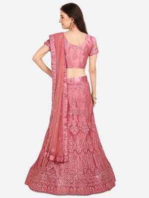Pink embroidered net semi stitched lehenga 2