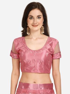 Pink embroidered net semi stitched lehenga 3