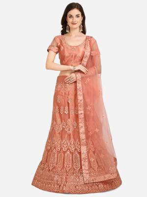 Peach embroidered net semi stitched lehenga 1