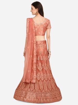 Peach embroidered net semi stitched lehenga 2