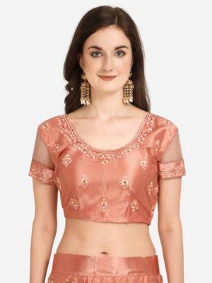 Peach embroidered net semi stitched lehenga 3
