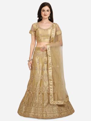Beige embroidered net semi stitched lehenga 1
