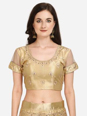 Beige embroidered net semi stitched lehenga 3