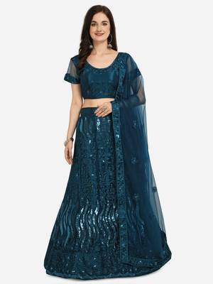 Blue embroidered net semi stitched lehenga 1