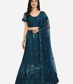 Blue embroidered net semi stitched lehenga